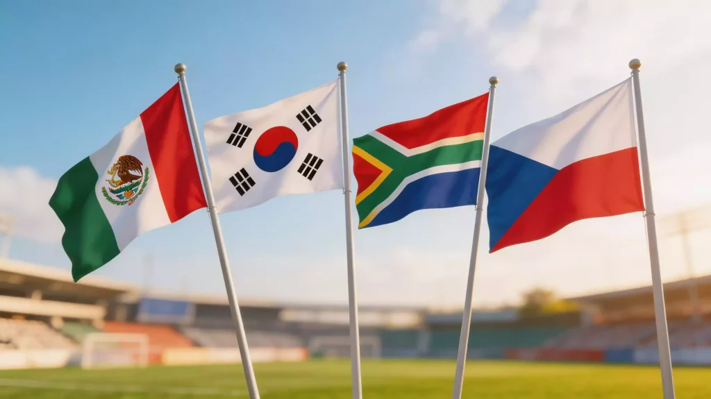 A 2026-os labdarúgó-világbajnokság A csoportjának négy válogatottja: Mexikó, Dél-Korea, Dél-Afrika és Csehország zászlói