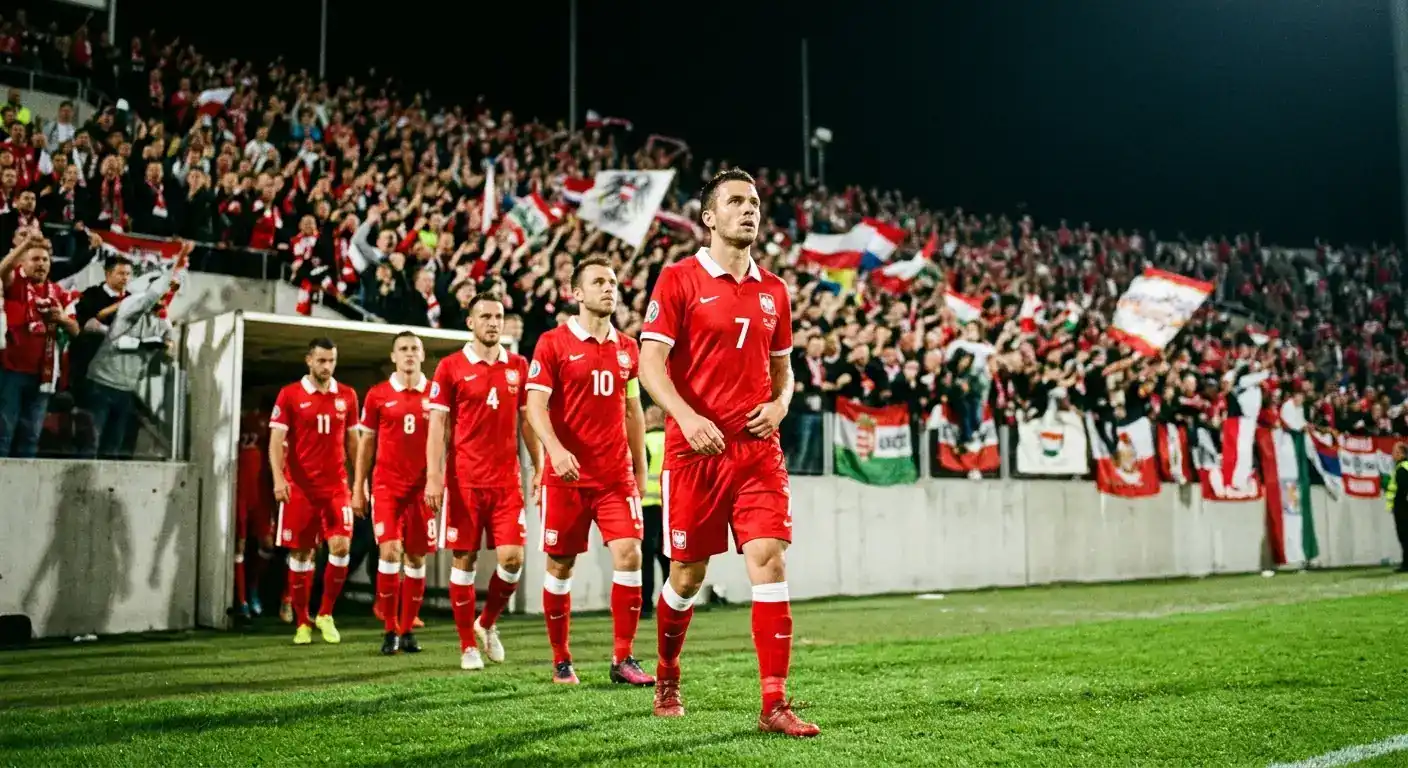 Az osztrák válogatott szurkolói és a csapat egy világbajnoki mérkőzés előtt