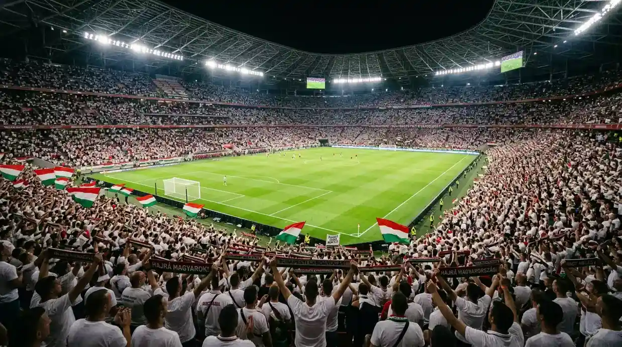 Angol válogatott szurkolók és a stadion hangulata egy esti világbajnoki mérkőzésen