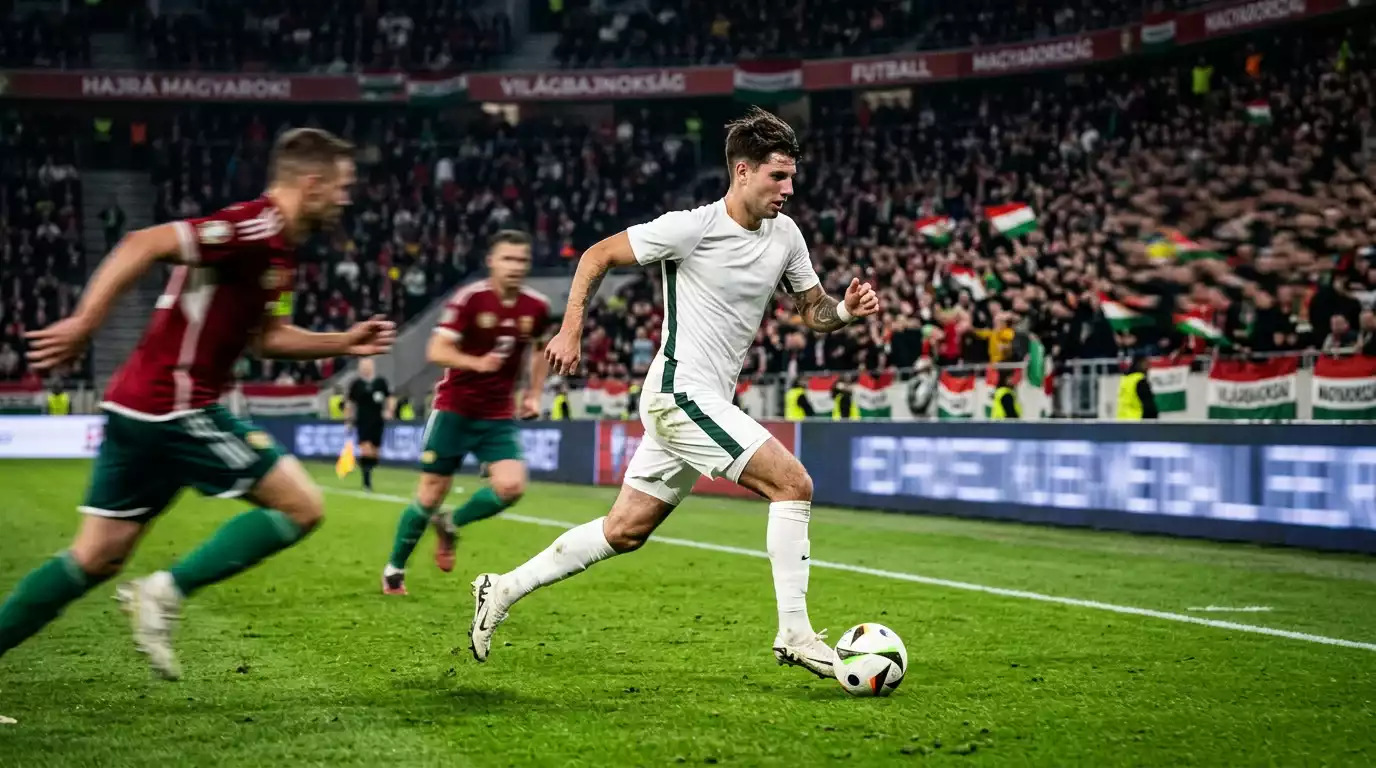 Egy támadó középpályás vezeti a labdát a világbajnoki mérkőzésen