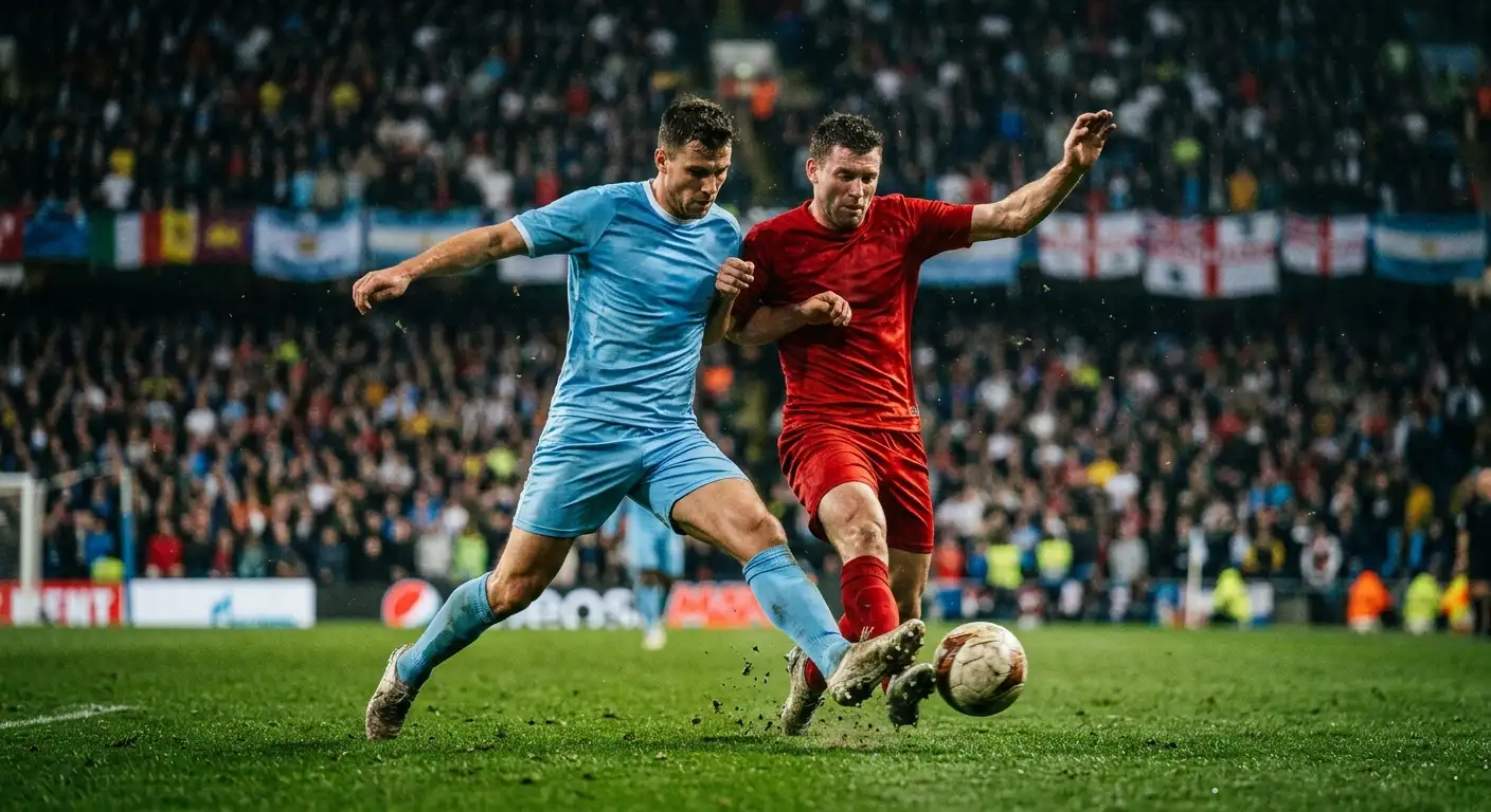 Két futballista párharca a pályán éjszakai világbajnoki meccsen, feszült pillanat