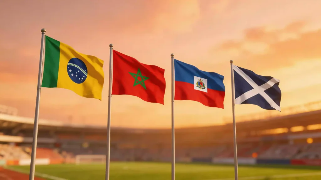 A 2026-os labdarúgó-világbajnokság C csoportjának négy válogatottja: Brazília, Marokkó, Haiti és Skócia zászlói