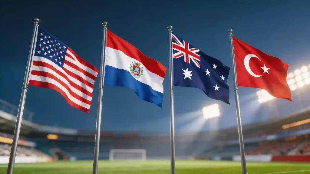 A 2026-os labdarúgó-világbajnokság D csoportjának négy válogatottja: USA, Paraguay, Ausztrália és Törökország zászlói