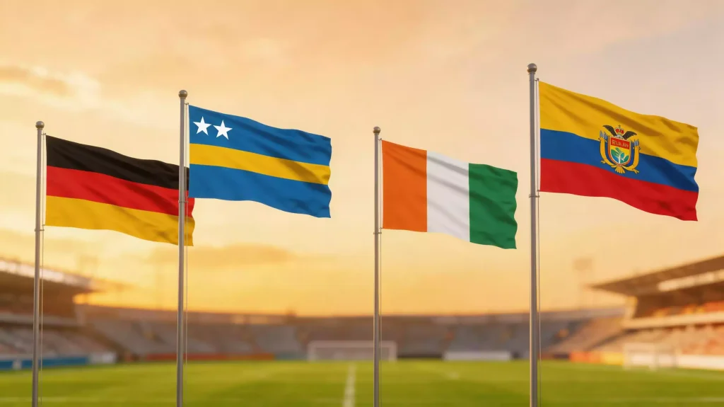 A 2026-os labdarúgó-világbajnokság E csoportjának négy válogatottja: Németország, Curaçao, Elefántcsontpart és Ecuador zászlói