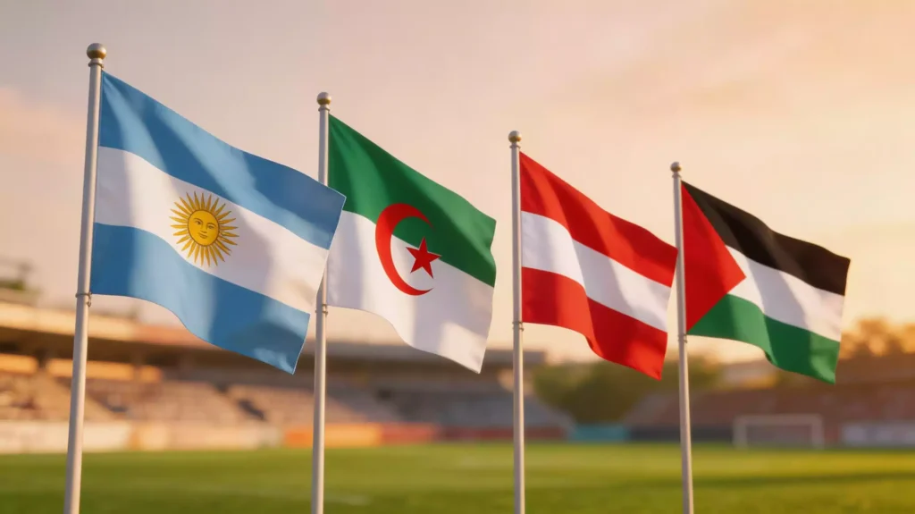 A 2026-os labdarúgó-világbajnokság J csoportjának négy válogatottja: Argentína, Algéria, Ausztria és Jordánia zászlói
