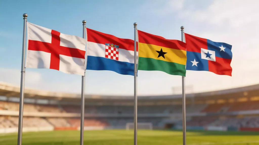 A 2026-os labdarúgó-világbajnokság L csoportjának négy válogatottja: Anglia, Horvátország, Ghána és Panama zászlói