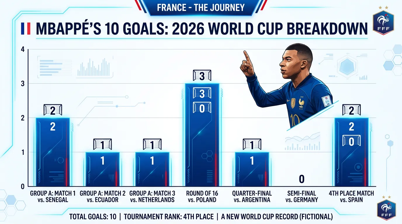 Mbappé góljai a 2026-os tornán, meccsenként