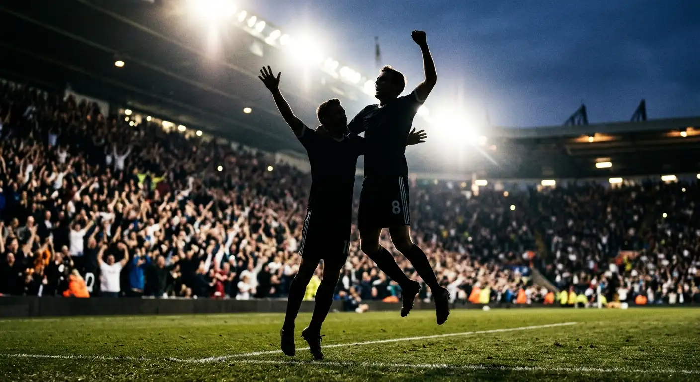 Két futballista sziluettje a gólszerzés pillanatában egy világbajnoki stadionban, esti fények