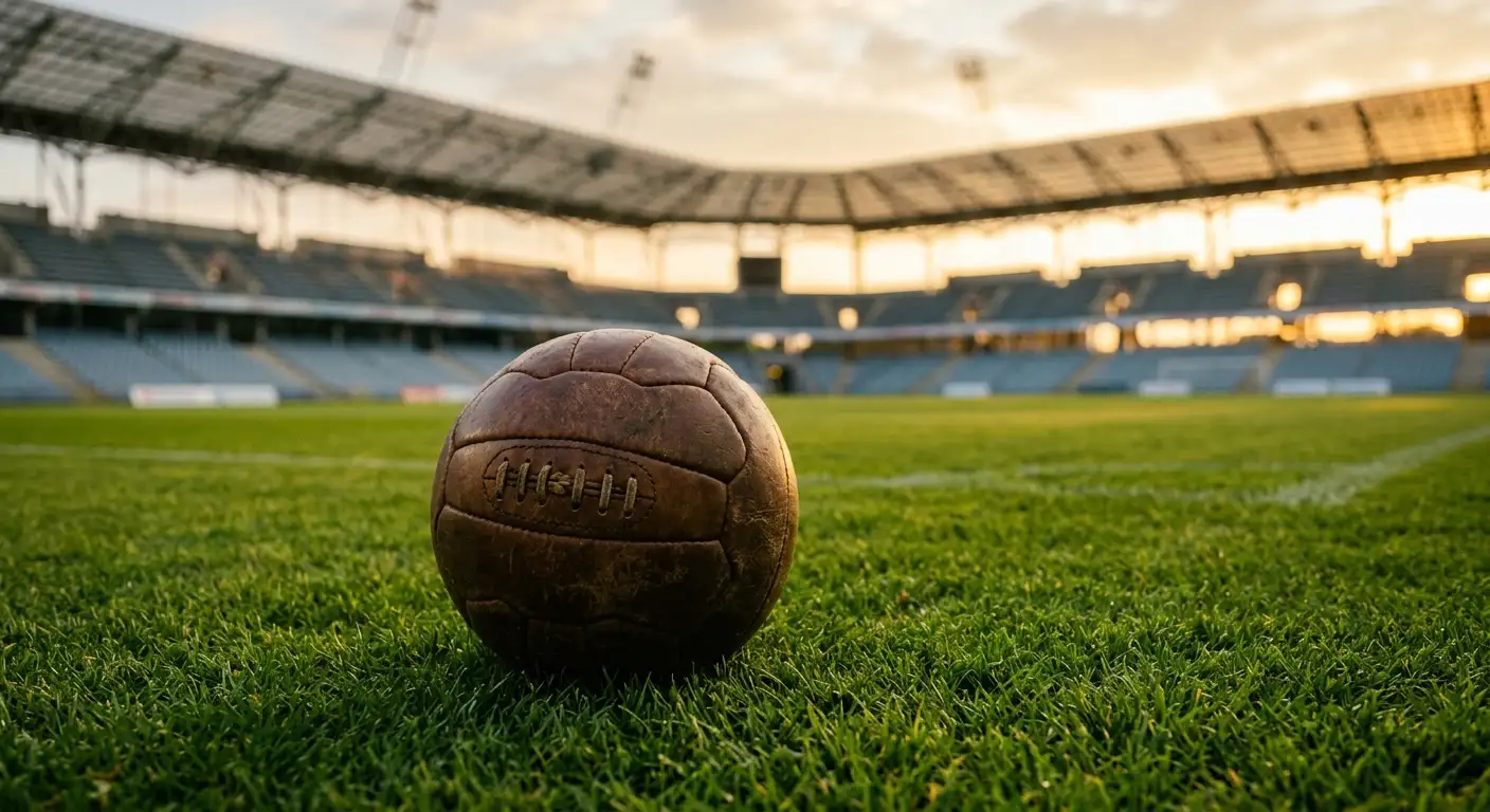 Régi stílusú futball-labda egy modern stadion gyepén, a futballtörténelem folytonosságának hangulata
