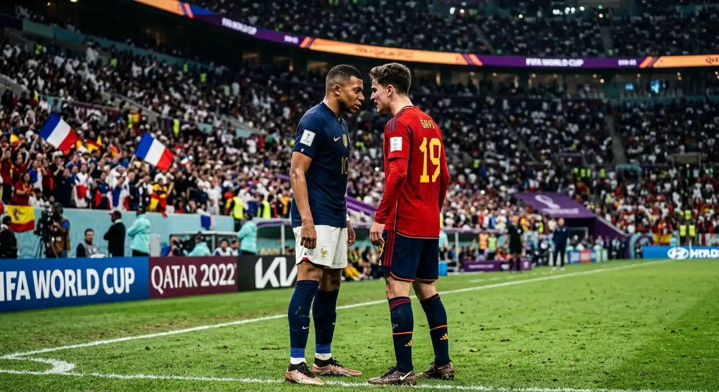 Mbappé és Yamal egymással szemben a pályán, mielőtt a vb elődöntője elkezdődne