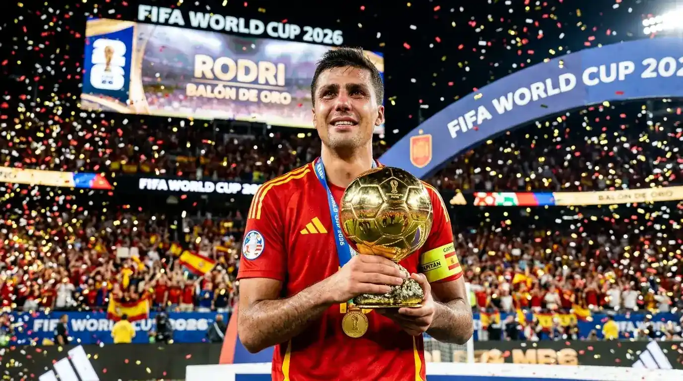 Rodri az Aranylabda trófeával a 2026-os VB díjátadóján