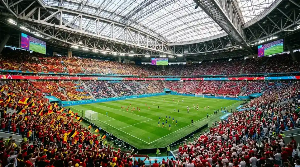 Spanyol és belga színekben úszó stadion a világbajnoki negyeddöntő előtt, esti fények