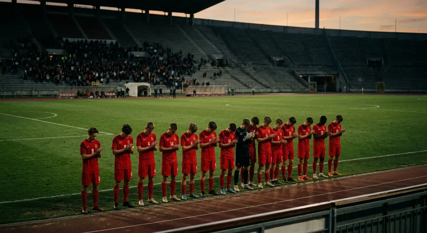 Fiatal futballcsapat lehajtott fejjel búcsúzik a szurkolóktól a stadion közepén