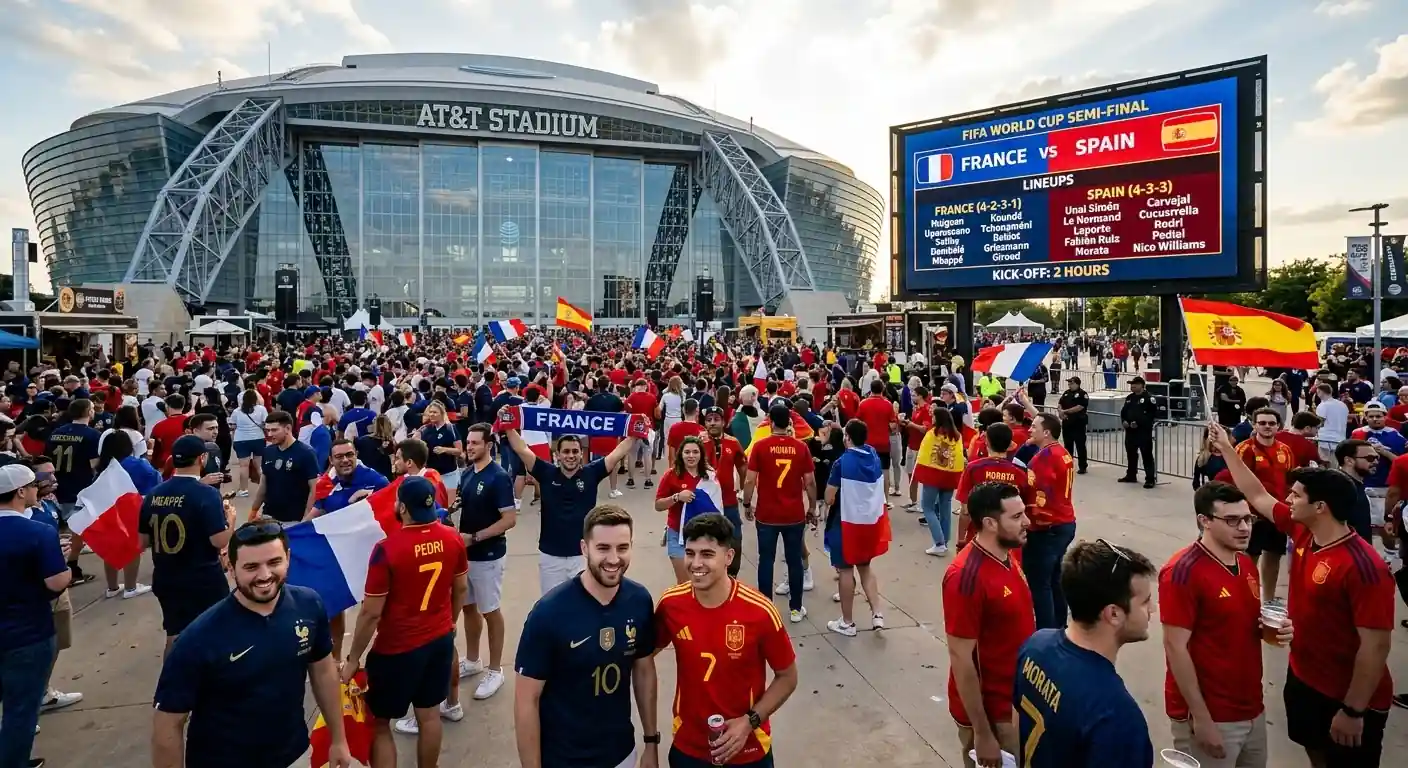 A szurkolói zóna az AT&T Stadionnál a Franciaország–Spanyolország elődöntő előtti órákban