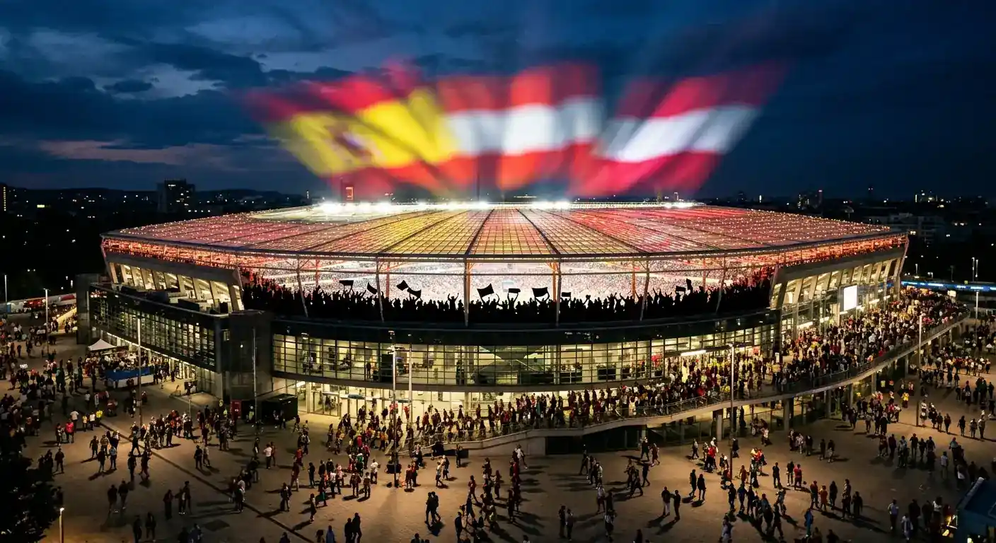 Világbajnoki nyolcaddöntős stadion éjszakai fényben, dobogó pillanattal