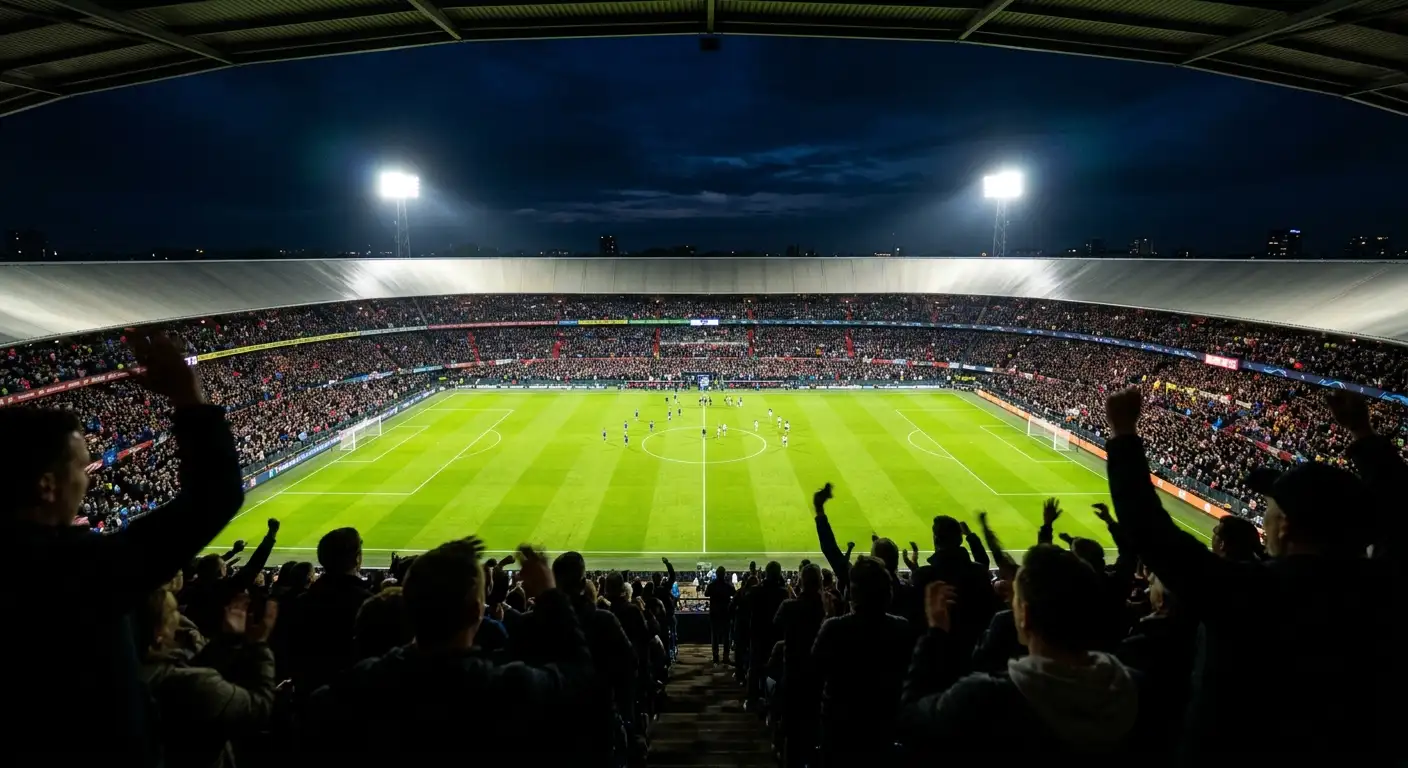 Éjszakai világbajnoki mérkőzés fényárban úszó stadionja a lelátóról
