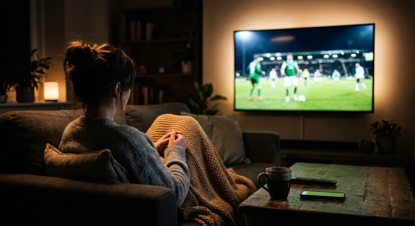 Éjszakai nappaliban futballmeccset néző szurkoló a képernyő fényében, világbajnoki hangulat