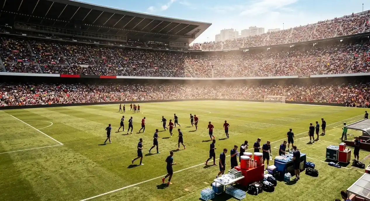 Egy VB nyolcaddöntő stadionja délutáni fényben, tömött lelátóval